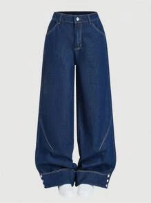 SHEIN MOD Women's Casual Mid-Rise Loose Wide-Leg Blue Jeans