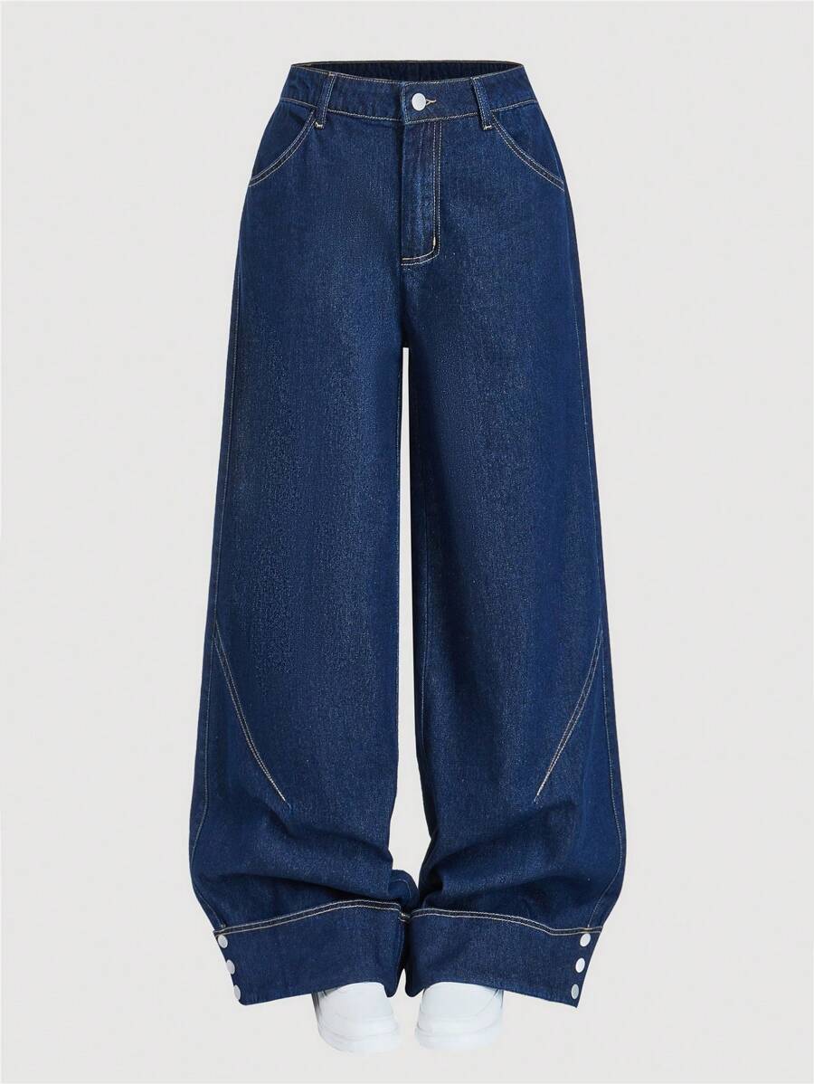 SHEIN MOD Women's Casual Mid-Rise Loose Wide-Leg Blue Jeans