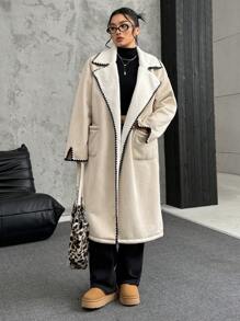 SHEIN EZwear Veste grande taille automne-hiver épaisse et chaude, en suède imitation lapin fourrure, avec col châle oversize et broderie de contraste