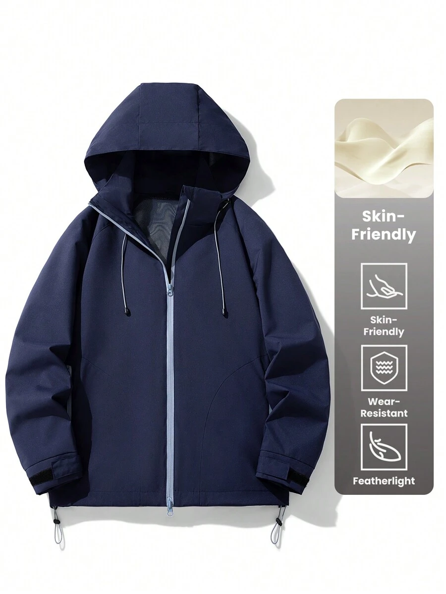 SHEIN Sports Women's Solid Color Long Sleeve Zipper Closure Drawstring Hooded Sports Jacket - Blue - View 1