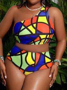 SHEIN Slayr CURVE Bộ đồ bơi bikini họa tiết hình học bất đối xứng cỡ lớn mùa hè - Nhiều màu - Xem 1