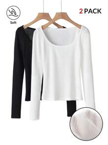 SHEIN BASICS 2pcs/Set Casual Solid Color Knitted Crew Neck Long Sleeve Fitted Women T-Shirts
