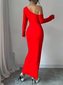 Selianne 1 chiếc váy dài tay xếp ly eo hoa lệch vai cho nữ thanh lịch cho quần áo năm mới maxi trang phục cho phụ nữ - Đỏ - Xem 2