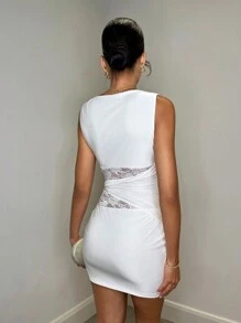SHEIN BAE 女士性感修身白色蕾丝优雅迷你连衣裙、派对女装、新年女装、圣诞节女装 - 白色 - 查看 2