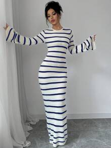 SHEIN Unity 条纹超长女式露背系带喇叭袖毛衣连衣裙 - 藏蓝色 - 查看 4