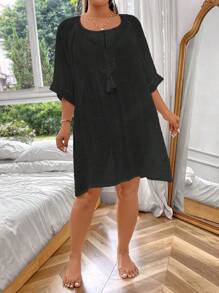 Swim Lushoire Plus Size Women's Plain Simple Daily Cover Up,Summer Beach - Black - View 7