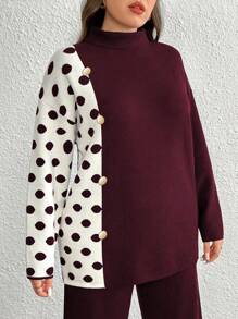 SHEIN LUNE Plus Size Contrast Color Patchwork Polka Dot Knit Sweater & Pants Set, Casual For Autumn/Winter - Burgundy - View 4