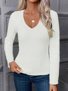 SHEIN LUNE Pull ajusté décontracté simple de couleur unie à encolure en V, pour un port quotidien