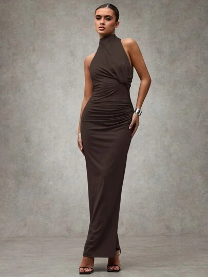 SHEIN BAE Women Clothes Dress Elegant Grey Halter Strap Off-Shoulder Fitted Long Fall Dress,Elegant Women Dresses,Fall Wedding Guest Dress,Fall Women Clothes Dress,Women Dress,Greek Goddess,Party Dress, Women Dress