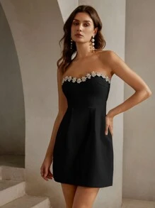 Anewsta Women's Glamorous Fashion Rhinestone Decor Strapless Mini Dress
