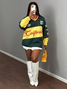 Slaydiva New Casual Street Sports V-Neck Off-Shoulder Long-Sleeved Loose Dark Green Contrasting Yellow English Slogan Logo Printed Women's Sweatshirt-A Graduation,Back To School Outfits,Graduation,Teacher Outfits For Women,Back To School