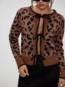 Forever 21 女士休闲豹纹提花系带开衫，秋冬 - 彩色 - 查看 8