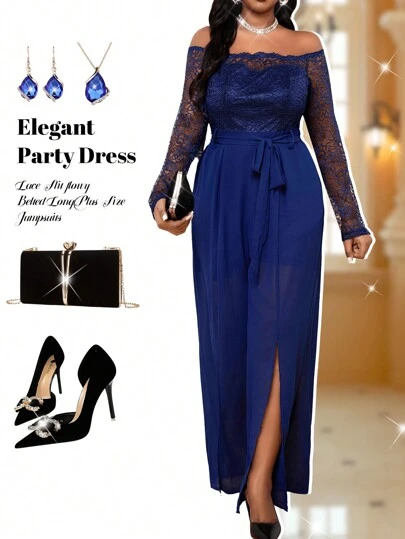 Fleurora 春夏秋冬优雅性感派对复古音乐会/音乐节酒会海军蓝露肩蕾丝开衩飘逸系带长袖大码连体裤