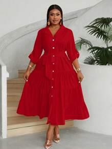 Maweii Vestido camisero de talla grande de color liso con botones al frente para otoño, ropa de Año Nuevo, conjunto maximalista para mujer - Rojo - Ver 6