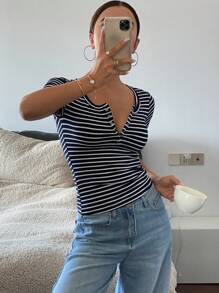 DAZY Women Stripe Print Fitted Half-Zip Short Sleeve T-Shirt