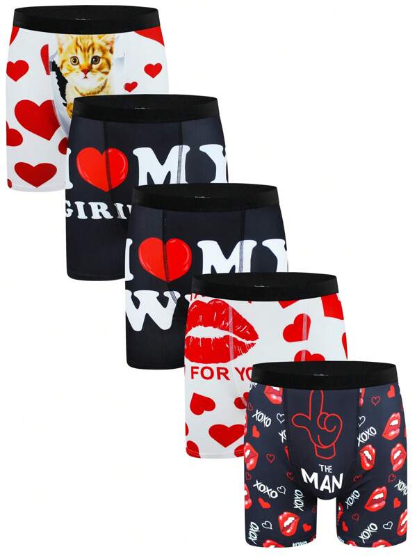 Happy Jammies 5 buc/pachet Boxer pentru bărbați cu imprimeu, Ziua Îndrăgostiților