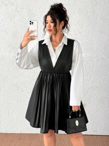 Flirla 大码女式褶皱深 V 领 PU 皮革连衣裙