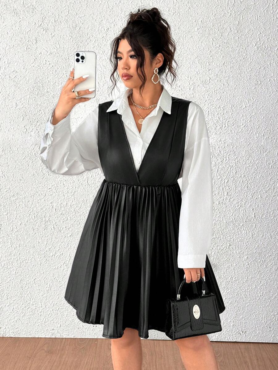 Flirla 大码女式褶皱深 V 领 PU 皮革连衣裙