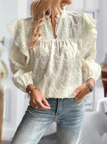 Chiquease Women Casual Commuter Lace Patchwork Jacquard Fabric Long Lantern Sleeve Small V-Neck Blouse - Apricot - View 1