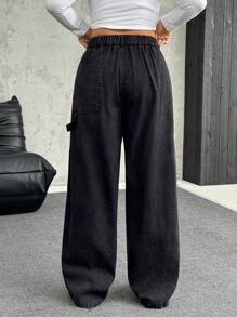 SHEIN EZwear Plus Size Washed Multiple Pocket Pants, Minimalist Casual For Daily Wear - Black - View 2