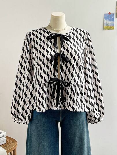 Soleia Plus Size Women Geometric Wavy Print Round Neck Top With Front Tie Bow Lantern Sleeve Ruffle Hem Splice Casual Top, Suitable For Autumn Winter Vacation, Top, Long Sleeve Top, New Years Eve, Going Out Top, Holiday, Christmas Top