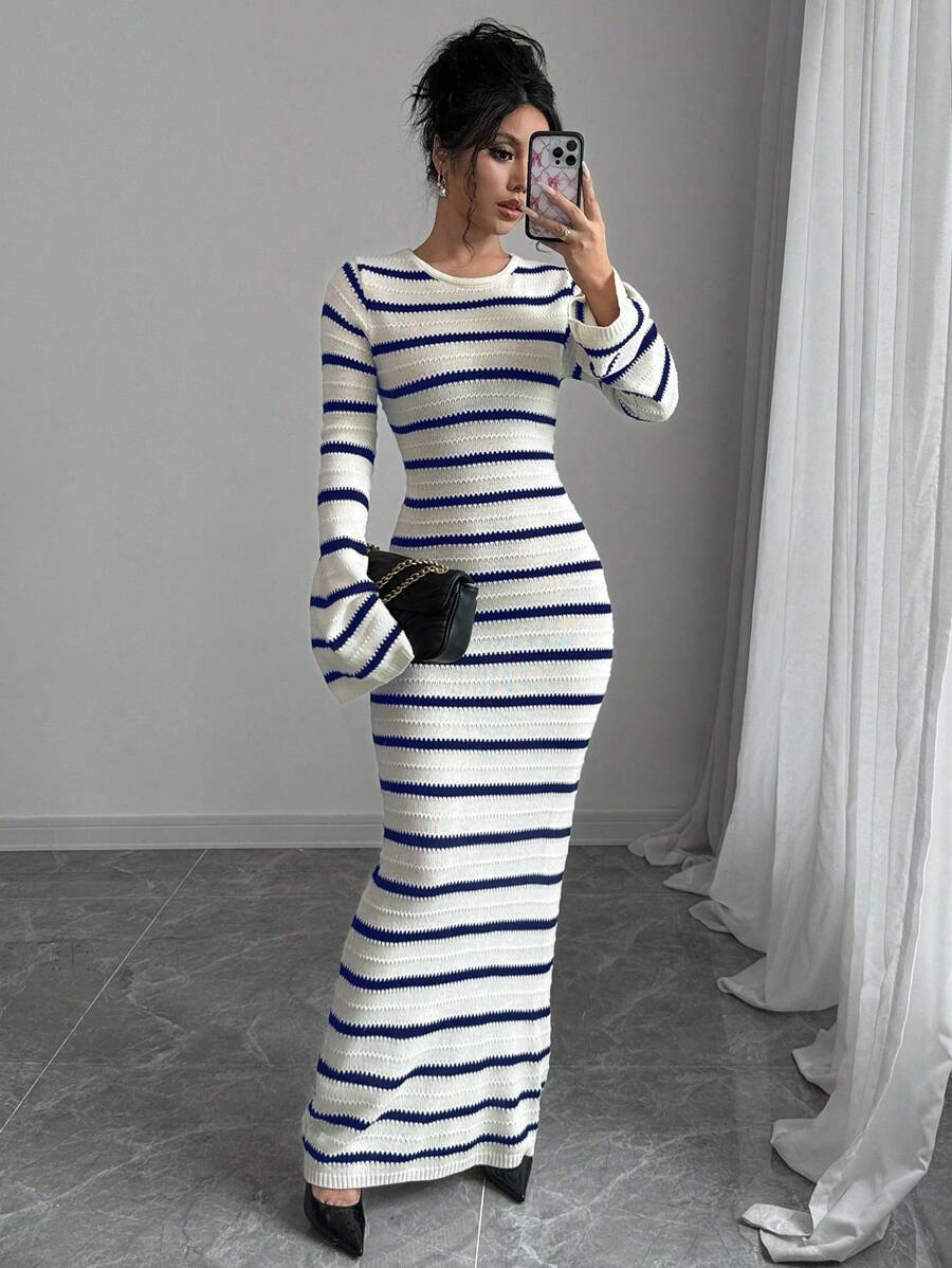 SHEIN Unity 条纹超长女式露背系带喇叭袖毛衣连衣裙 - 藏蓝色 - 查看 1