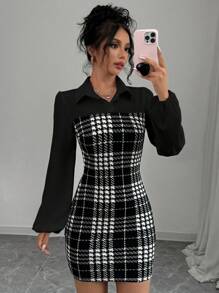 Selianne 女士优雅翻领拼接灯笼袖千鸟格面料长袖连衣裙，秋冬季女装 - 黑色 - 查看 1