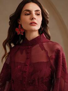 Anewsta 优雅办公室装白色灯笼袖蕾丝收腰连衣裙女士新年衣服 - 紅色 - 查看 2