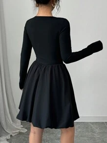 Chiquease Women's Fashion Elegant Cinched Waist Bow Decor Peplum Dress - Black and White - View 2