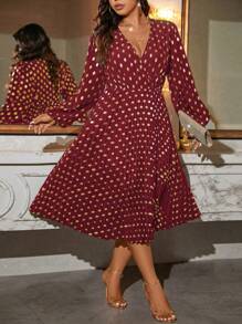 SHEIN Clasi 大码 V 领简约休闲连衣裙，百搭日常穿着酒红色长款女装 - 酒紅色 - 查看 3