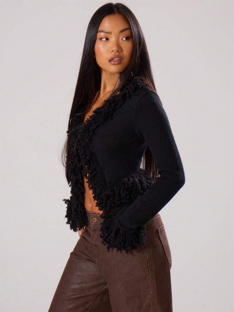 MUSERA Vintage Shaggy Trim Knit Cardigan Spring Y2K 90's Casual