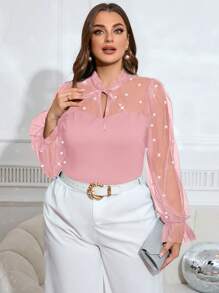 SHEIN Clasi Plus Size Women's Elegant Faux Pearl Decor Mesh Flounced Tie-Neck Blouse - Pink - View 4