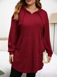 SHEIN LUNE 大码休闲纯色抽绳连帽运动衫，秋季新年女士生日女士秋季运动衫 - 酒紅色 - 查看 1