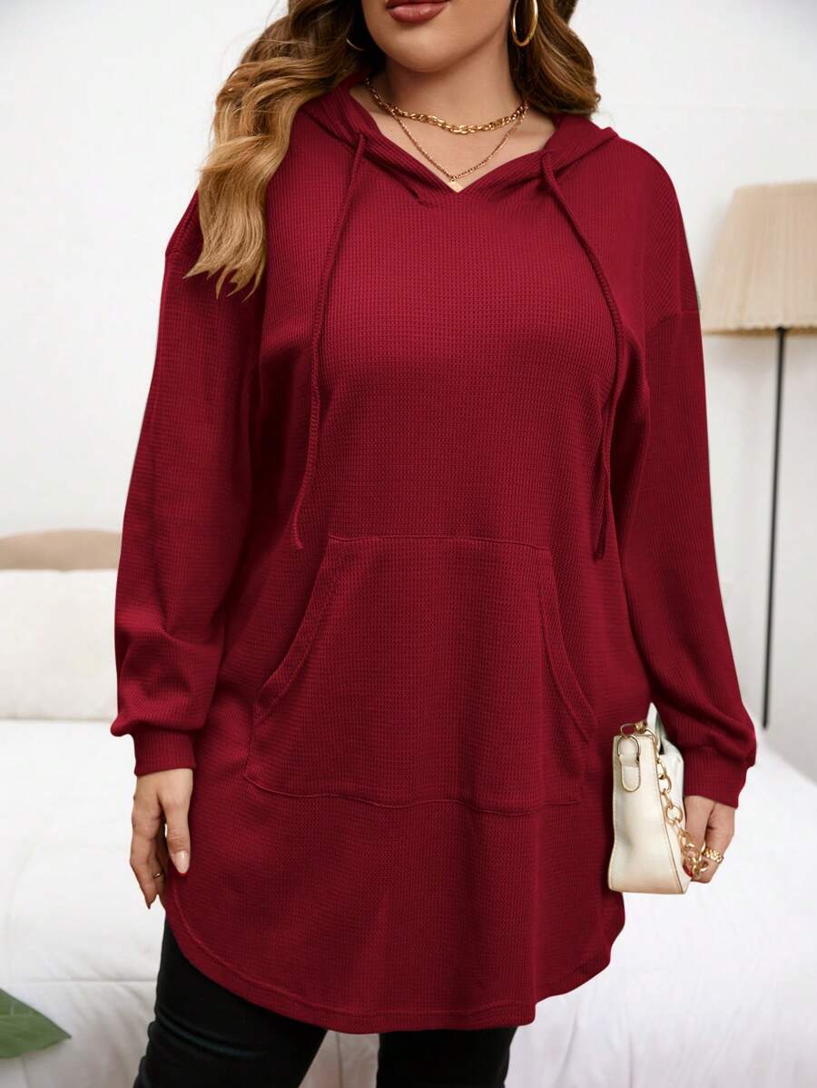 SHEIN LUNE 大码休闲纯色抽绳连帽运动衫,秋季新年女士生日女士秋季运动衫 - 酒紅色 - 查看 1
