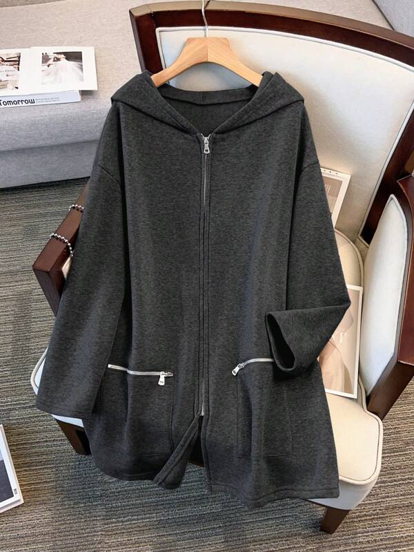 SHEIN LUNE 大码休闲拉链连帽大衣，带口袋