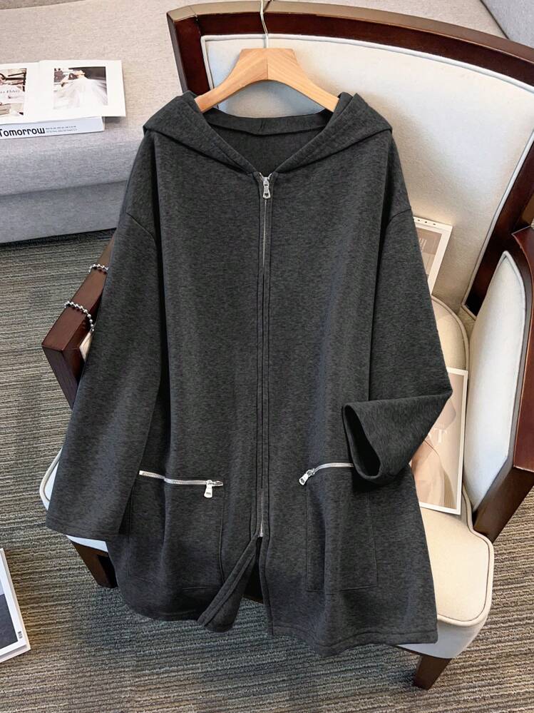 SHEIN LUNE 大码休闲拉链连帽大衣，带口袋 - 深灰色 - 查看 1