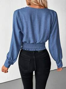 SHEIN LUNE Camisa casual de manga comprida franzida, outono - Azul - Ver 2