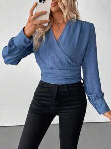 SHEIN LUNE Camisa casual de manga comprida franzida, outono - Azul - Ver 1