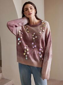 Anewsta Suéter moderno de mujer con pesadas lentejuelas y patrón de flores aleatorio para ropa de Año Nuevo