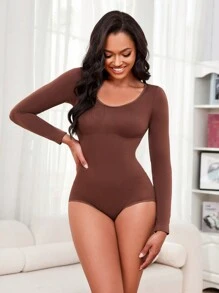Women's Solid Color Crew Neck Bodysuit, Fitted Long Sleeve - Coffee Brown - View 6