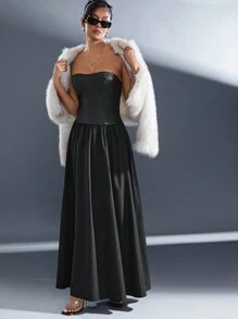 Hauture Vestido de caída de cintura de piel sintética tejida y plisada sin tirantes para otoño y Navidad - Negro - Ver 1