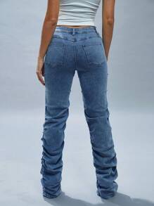 Denimoi Women's Pleated Pocket Straight Leg Casual Fashionable Versatile Jeans - Light Wash - View 4