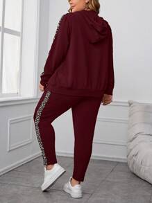 EMERY ROSE 2 件/套大码女式休闲运动风格豹纹拼接侧拉链抽绳连帽衫和松紧腰紧身裤，春秋季 - 酒紅色 - 查看 2