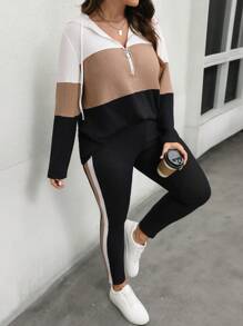 SHEIN LUNE 2pcs Set Plus Size Women Colorblock Hooded Top And Pants Outfit Thanksgiving Outfit Women New Years Women Outfit Winter Clothes Women Rave Outfits New Years Women Outfit Winter Coat Women Winter Clothes Women Tracksuit Women Winter Sets Vacation Two Pieces Set New Year