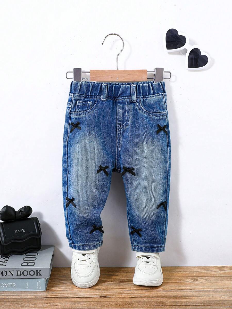 SHEIN Quần Harem denim màu xanh đính nơ đen dễ thương cho bé gái - Rửa tối - Xem 1