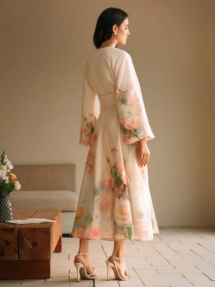 Floral Print Long Sleeve Dress, Soft Linen-Look Romantic Holiday Style, Early Autumn