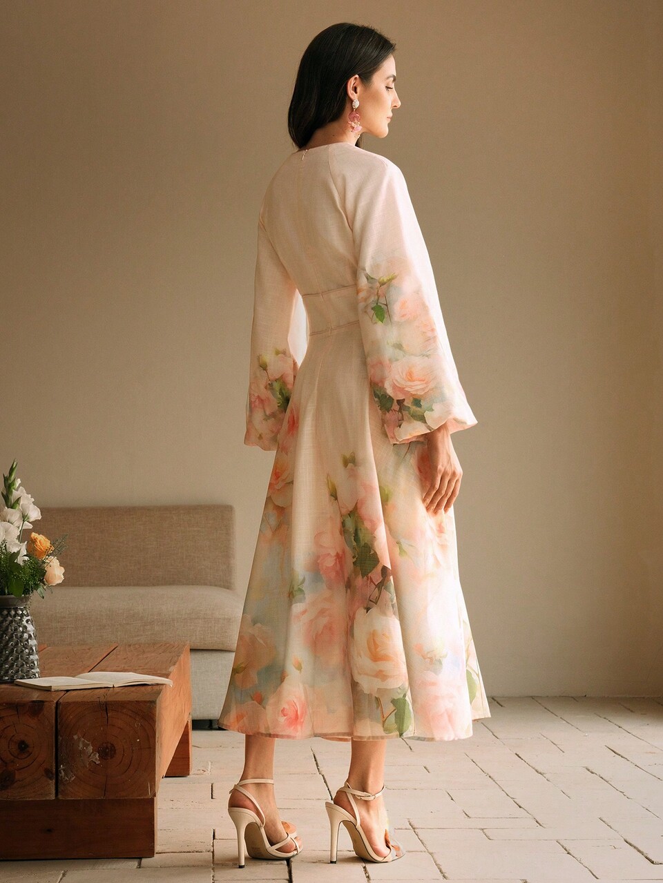 Floral Print Long Sleeve Dress, Soft Linen-Look Romantic Holiday Style, Early Autumn