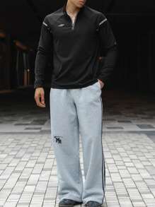 DAZY Tricou bărbătesc cu mânecă lungă, casual, versatil, în culori contrastante, cu fermoar pe jumătate, haine de toamnă pentru afaceri - Negru - Vizualizare 4