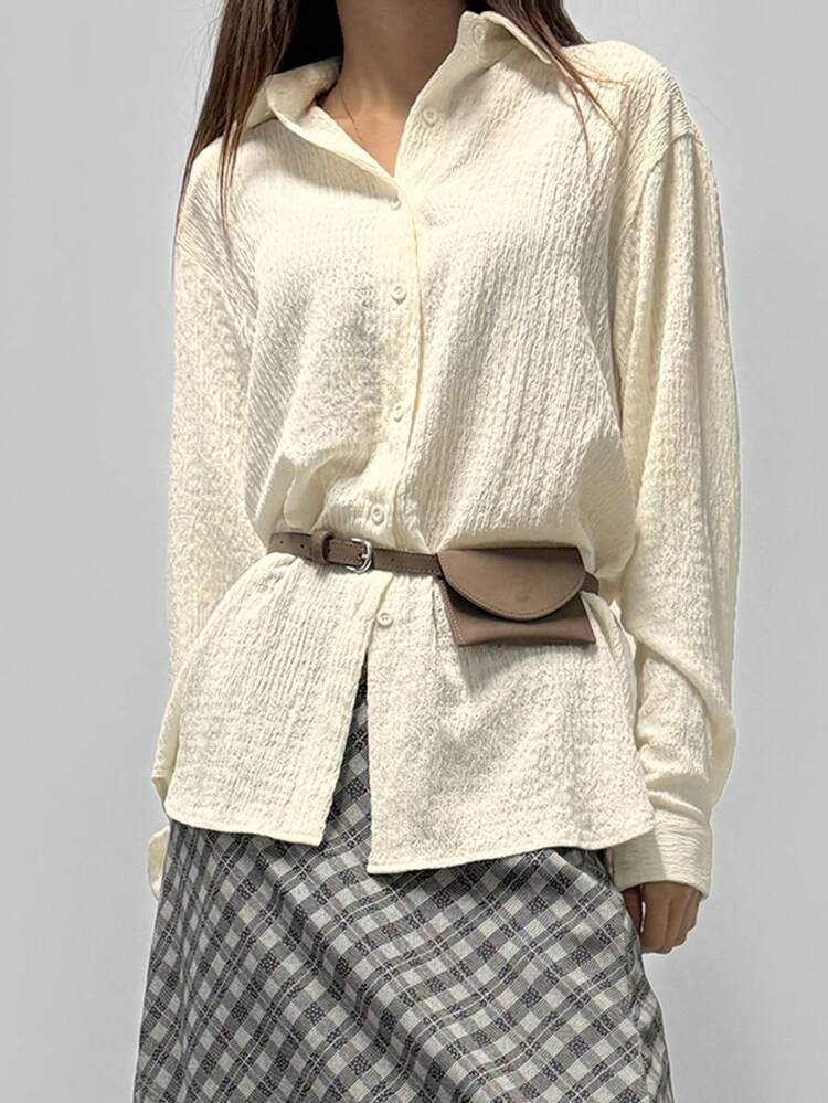 Women's Textured Solid Color Long Sleeve Shirt, Apricot Color, Spring/Summer/Autumn,Fall Women Clothes