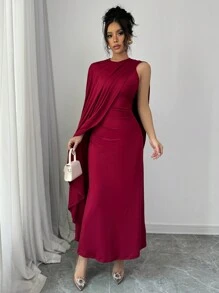 Chiquease Vestido largo elegante de mujer con cuello asimétrico, color vino tinto, vestido maxí color burdeos - Burdeos - Ver 3